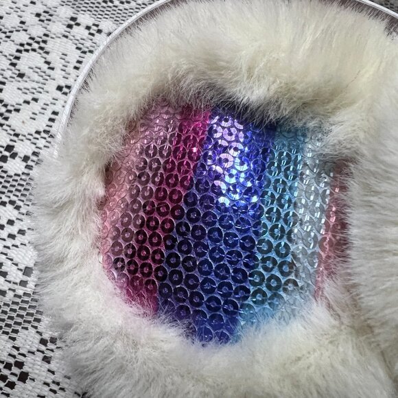 NEW Girls White Faux Fur Earmuffs Pink Velvet Band Rainbow Sequin Winter Warm - Picture 7 of 15